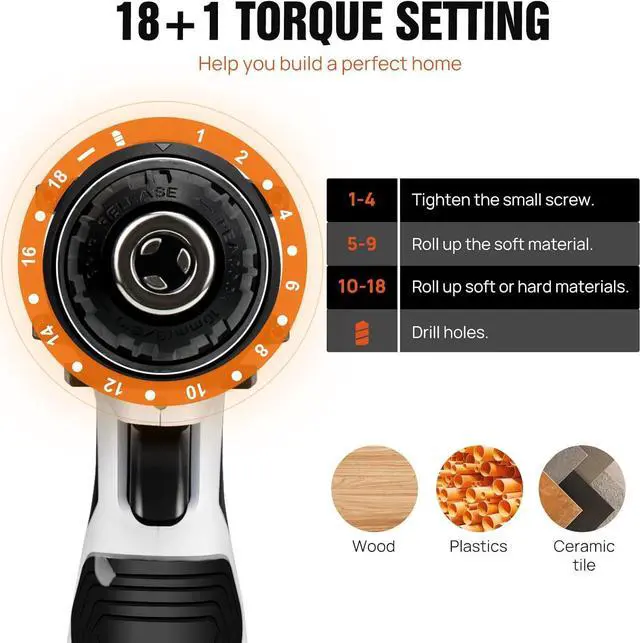 Alt view image 4 of 7 - 16.8v Cordless Power Drill Combi Driver Electric Screwdriver Tools Kit,2 Variable Speed 18+1 Torque Setting,23pcs Drill/Driver Bits