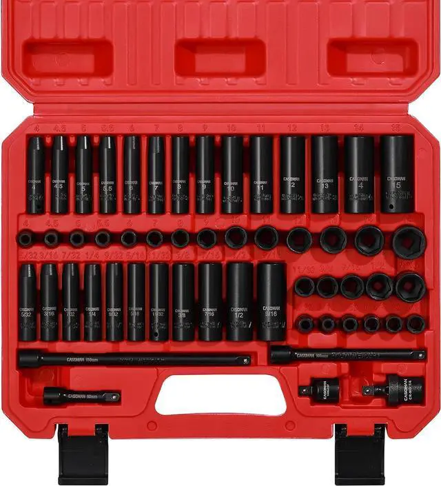 Main image of CASOMAN 55PCS 1/4-Inch Drive Impact Socket Set, Shallow & Deep, 5/32 Inch - 9/16 Inch, 4mm - 15mm, Metric/SAE, 6-Point, Cr-V Steel Socket Set