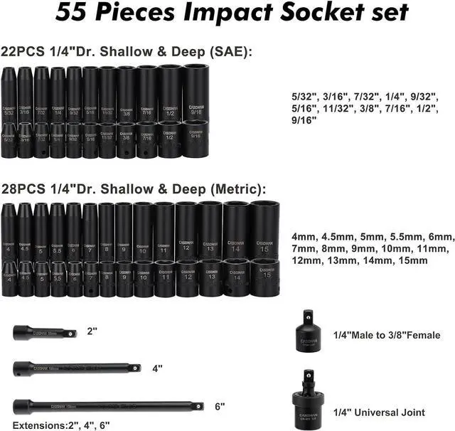 Alt view image 2 of 7 - CASOMAN 55PCS 1/4-Inch Drive Impact Socket Set, Shallow & Deep, 5/32 Inch - 9/16 Inch, 4mm - 15mm, Metric/SAE, 6-Point, Cr-V Steel Socket Set