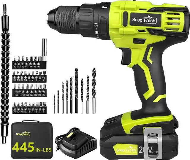 Main image of Cordless Impact Drill, SnapFresh 20V 1/2" Power Drill Set w/ 445in-lbs Torque Max, Variable Speed 1500 RPM, 2.0Ah Battery & 1h Rapid Charger, 43Pcs Bits, Hammer Drill for Home Jobs