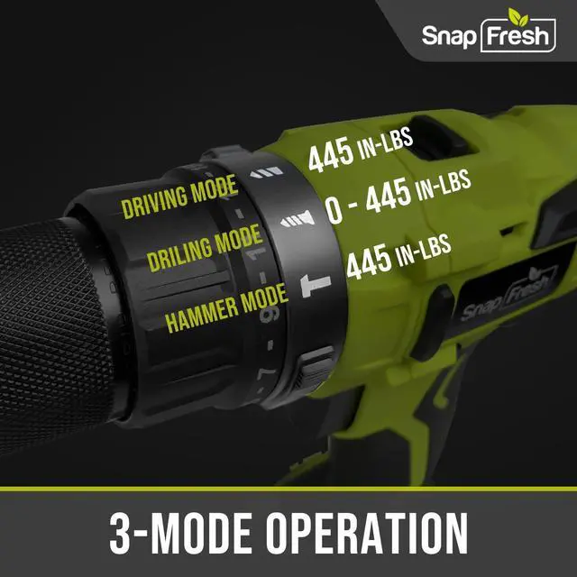 Alt view image 3 of 7 - Cordless Impact Drill, SnapFresh 20V 1/2" Power Drill Set w/ 445in-lbs Torque Max, Variable Speed 1500 RPM, 2.0Ah Battery & 1h Rapid Charger, 43Pcs Bits, Hammer Drill for Home Jobs