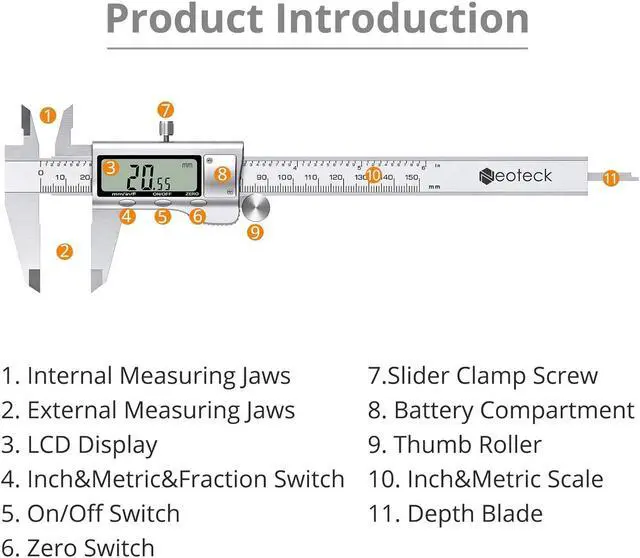 Alt view image 6 of 7 - Neoteck 6 inch/150mm Digital Caliper + Feeler Gauge Set Stainless Steel Electronic Vernier Caliper with Fractions/Inch/Metric Conversion Measuring Tool for Length Width Depth Inner Outer Diameter