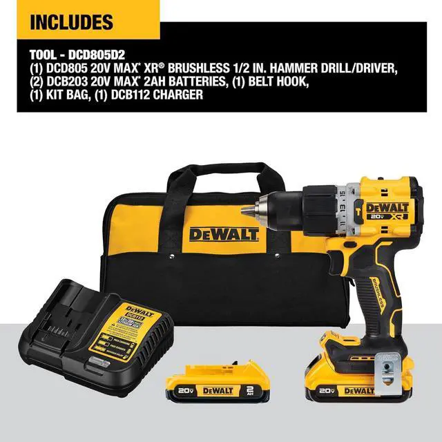 Alt view image 2 of 7 - DEWALT 20V MAX* XR® Brushless Cordless 1/2 in. Hammer Drill/Driver Kit (DCD805D2), Yellow