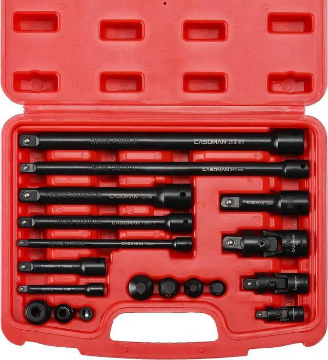 Alt view image 2 of 7 - CASOMAN 18-Piece Drive Tool Accessory Set, Premium CR-V with Black Phosphate Finish - includes Socket Adapters, Extensions and Universal Joints and Impact Coupler, Professional Socket Accessories