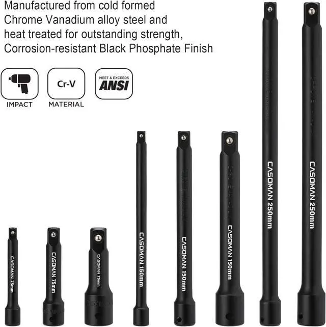 Alt view image 4 of 7 - CASOMAN 18-Piece Drive Tool Accessory Set, Premium CR-V with Black Phosphate Finish - includes Socket Adapters, Extensions and Universal Joints and Impact Coupler, Professional Socket Accessories