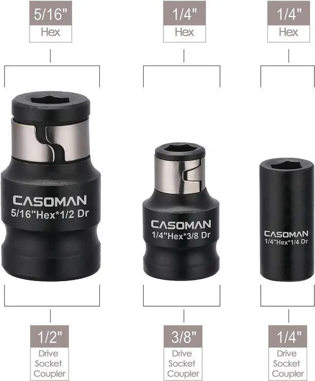 Alt view image 6 of 7 - CASOMAN 18-Piece Drive Tool Accessory Set, Premium CR-V with Black Phosphate Finish - includes Socket Adapters, Extensions and Universal Joints and Impact Coupler, Professional Socket Accessories