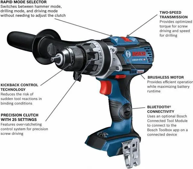 Alt view image 2 of 7 - Bosch GSB18V-975CN 18V Brushless Connected-Ready Brute Tough 1/2 in. Hammer Drill/Driver Bare Tool (Battery Not Included)