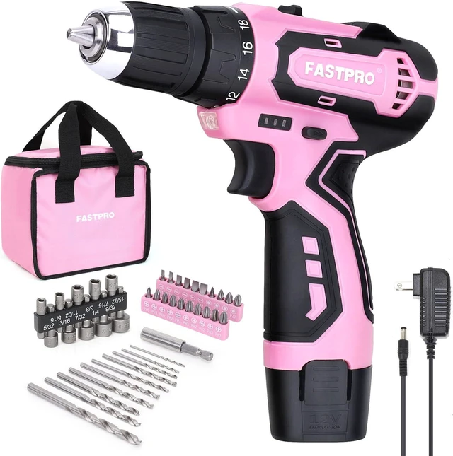 Main image of FASTPRO 42-Piece 12V Pink Drill kit, Lithium-ion Cordless Drill Driver, 3/8 in. Drill Driver Set with One 1.5 Ah Batteries, Charger and Tool Bag