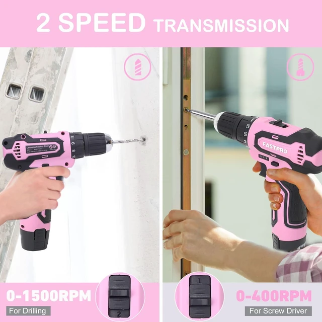 Alt view image 4 of 7 - FASTPRO 42-Piece 12V Pink Drill kit, Lithium-ion Cordless Drill Driver, 3/8 in. Drill Driver Set with One 1.5 Ah Batteries, Charger and Tool Bag