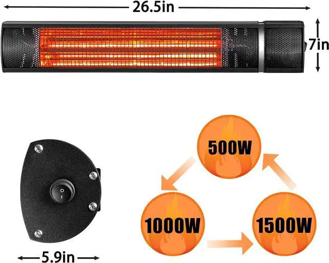 Alt view image 4 of 7 - Electric Patio Heater Wall Mounted Infrared In/Outdoor Heater for Garage Backyard Decks1500w Fast Heater Adjustable Setting with Remote Control,3 Heat,Waterproof,Instant Warm,Easy Install Black