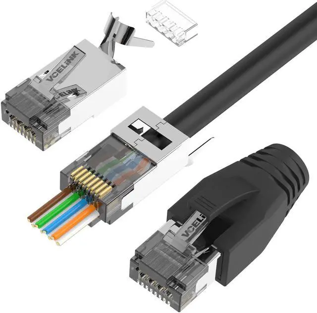 Main image of VCELINK CAT6A Connector, RJ45 Connectors Pass Through CAT6A CAT7 Shielded 20-Pack, UL-Listed 3-Prong 50 Gold Plated, CAT7 Connector with Strain Relief Boots Black (Gen 2)