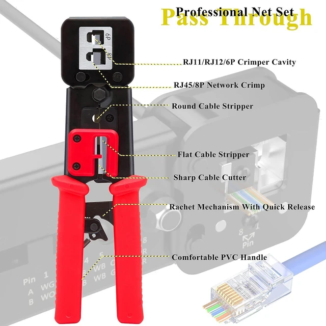 Alt view image 3 of 6 - LEATBUY RJ45 Crimp Tool Set Cat5/Cat5e/Cat6 Crimping Tool for RJ11/RJ12 Pass Through for Regular End-Pass-Through with 50PCS Connectors, 50PCS Covers Network Wire Stripper Kit (Black)