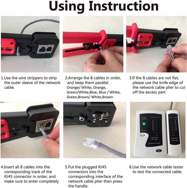 Alt view image 2 of 6 - LEATBUY RJ45 Crimp Tool Set Cat5/Cat5e/Cat6 Crimping Tool for RJ11/RJ12 Pass Through for Regular End-Pass-Through with 50PCS Connectors, 50PCS Covers Network Wire Stripper Kit (Black)