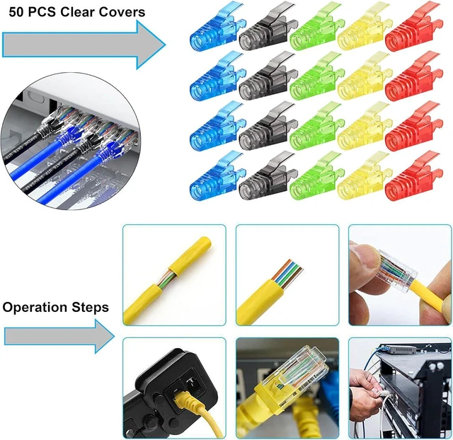 Alt view image 5 of 6 - LEATBUY RJ45 Crimp Tool Set Cat5/Cat5e/Cat6 Crimping Tool for RJ11/RJ12 Pass Through for Regular End-Pass-Through with 50PCS Connectors, 50PCS Covers Network Wire Stripper Kit (Black)