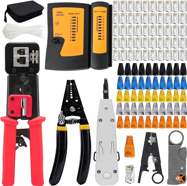 Main image of LEATBUY RJ45 Crimp Tool Set Cat5/Cat5e/Cat6 Crimping Tool for RJ11/RJ12 Pass Through for Regular End-Pass-Through with 50PCS Connectors, 50PCS Covers Network Wire Stripper Kit (Black)