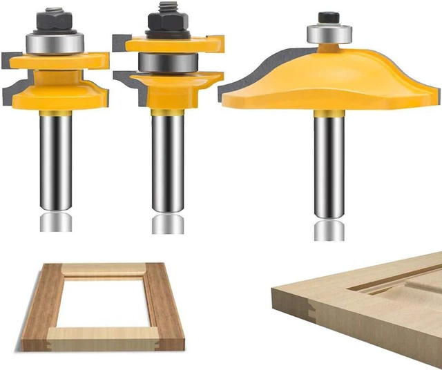 Main image of OLETBE 3 PCS Router Bit Set, 1/2-Inch Shank Round Over Raised Panel Cabinet Door Rail and Stile Router Bits, Woodworking Wood Cutter, Wood Carbide Groove Tongue Milling Tool(Gold)