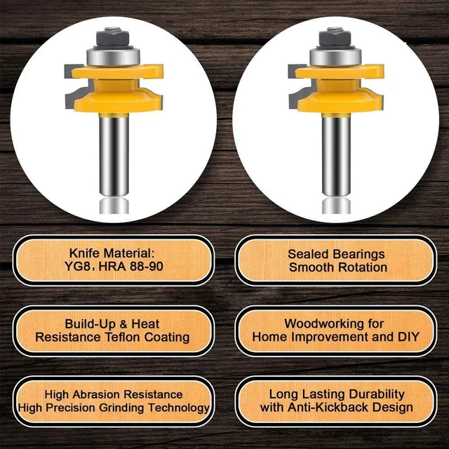 Alt view image 4 of 7 - OLETBE 3 PCS Router Bit Set, 1/2-Inch Shank Round Over Raised Panel Cabinet Door Rail and Stile Router Bits, Woodworking Wood Cutter, Wood Carbide Groove Tongue Milling Tool(Gold)