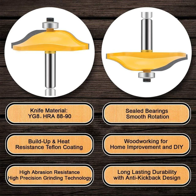Alt view image 6 of 7 - OLETBE 3 PCS Router Bit Set, 1/2-Inch Shank Round Over Raised Panel Cabinet Door Rail and Stile Router Bits, Woodworking Wood Cutter, Wood Carbide Groove Tongue Milling Tool(Gold)