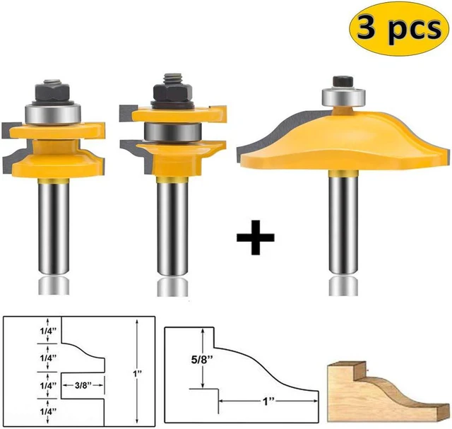 Alt view image 7 of 7 - OLETBE 3 PCS Router Bit Set, 1/2-Inch Shank Round Over Raised Panel Cabinet Door Rail and Stile Router Bits, Woodworking Wood Cutter, Wood Carbide Groove Tongue Milling Tool(Gold)