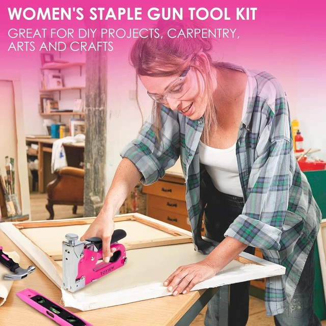 Alt view image 3 of 7 - TOYIEW 33Pcs Pink Staple Gun Tool Set, 3 in 1 Upholstery Staple Gun for Wood Heavy Duty and 900 Staples, Perfect for DIY Decoration, Crafts, Carpentry, Arts, Pink Tool Kit for Women