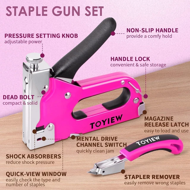 Alt view image 4 of 7 - TOYIEW 33Pcs Pink Staple Gun Tool Set, 3 in 1 Upholstery Staple Gun for Wood Heavy Duty and 900 Staples, Perfect for DIY Decoration, Crafts, Carpentry, Arts, Pink Tool Kit for Women