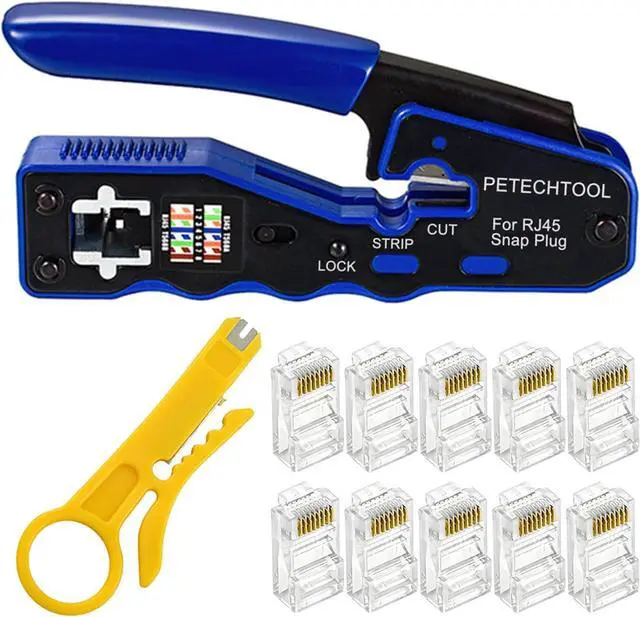 Main image of RJ45 Crimper Tool Kit, All-in-one Stripper Cutter Crimper Tool for RJ45 Cat6 Cat5 Cat5e Pass-Thru Connectors with 10 Pieces Cat6 Ends,and 1 Piece Mini Wire Stripper