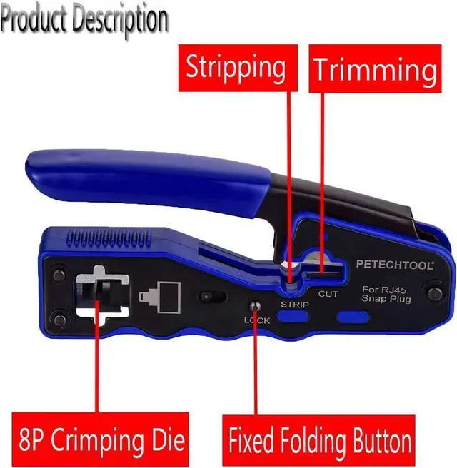 Alt view image 2 of 6 - RJ45 Crimper Tool Kit, All-in-one Stripper Cutter Crimper Tool for RJ45 Cat6 Cat5 Cat5e Pass-Thru Connectors with 10 Pieces Cat6 Ends,and 1 Piece Mini Wire Stripper