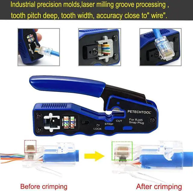 Alt view image 3 of 6 - RJ45 Crimper Tool Kit, All-in-one Stripper Cutter Crimper Tool for RJ45 Cat6 Cat5 Cat5e Pass-Thru Connectors with 10 Pieces Cat6 Ends,and 1 Piece Mini Wire Stripper