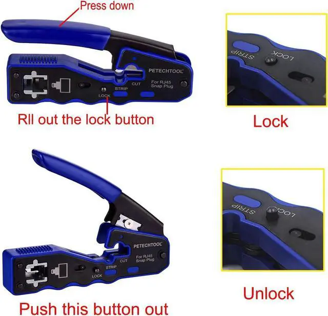Alt view image 4 of 6 - RJ45 Crimper Tool Kit, All-in-one Stripper Cutter Crimper Tool for RJ45 Cat6 Cat5 Cat5e Pass-Thru Connectors with 10 Pieces Cat6 Ends,and 1 Piece Mini Wire Stripper