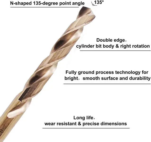 Alt view image 2 of 3 - 1/2" M35 Cobalt HSS Jobber Length Twist Drill Bit with Straight Shank,Heavy Duty, Pack of 5 PCS, Drilling for Cast Iron, Heat-treated Steel, Stainless Steel and Other Hard Materials
