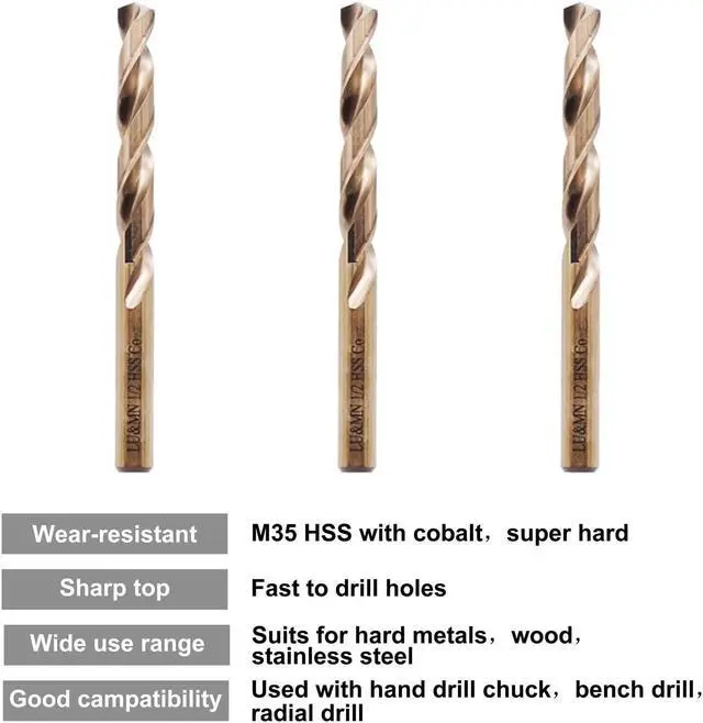 Alt view image 3 of 3 - 1/2" M35 Cobalt HSS Jobber Length Twist Drill Bit with Straight Shank,Heavy Duty, Pack of 5 PCS, Drilling for Cast Iron, Heat-treated Steel, Stainless Steel and Other Hard Materials