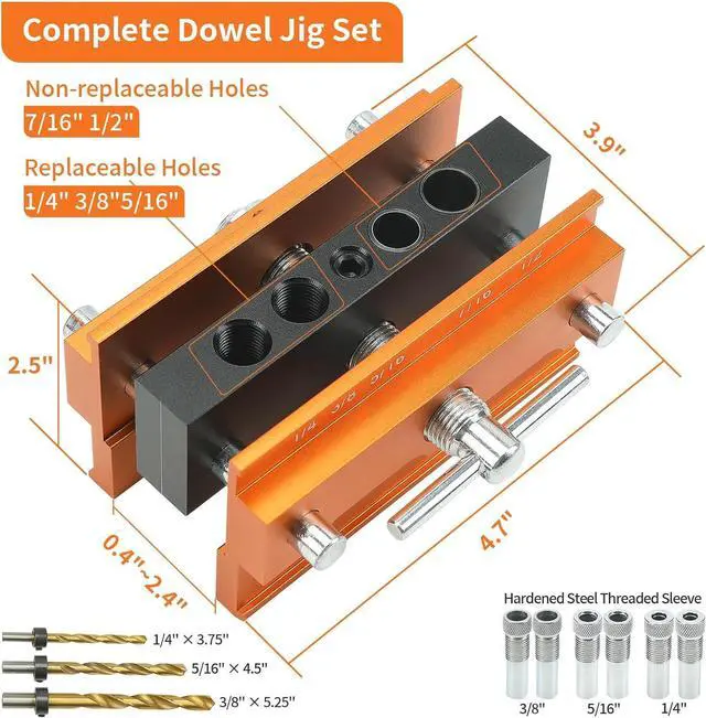 Alt view image 2 of 7 - Self Centering Doweling Jig Kit - Adjustable Width Dowel Jig Kit for Straight Holes, Biscuit Joiner Set, 6 Bushings, 3 Size Drill Bits - Woodworking Precision Tool