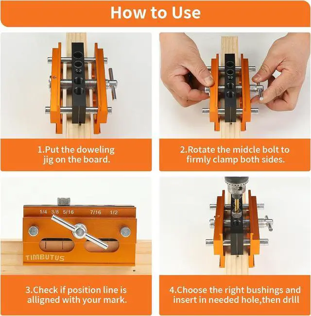 Alt view image 6 of 7 - Self Centering Doweling Jig Kit - Adjustable Width Dowel Jig Kit for Straight Holes, Biscuit Joiner Set, 6 Bushings, 3 Size Drill Bits - Woodworking Precision Tool