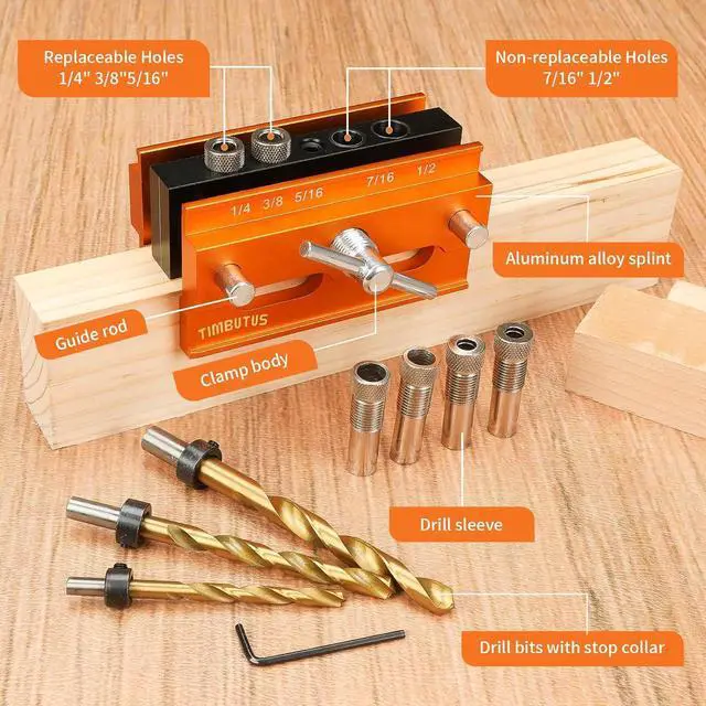 Alt view image 7 of 7 - Self Centering Doweling Jig Kit - Adjustable Width Dowel Jig Kit for Straight Holes, Biscuit Joiner Set, 6 Bushings, 3 Size Drill Bits - Woodworking Precision Tool