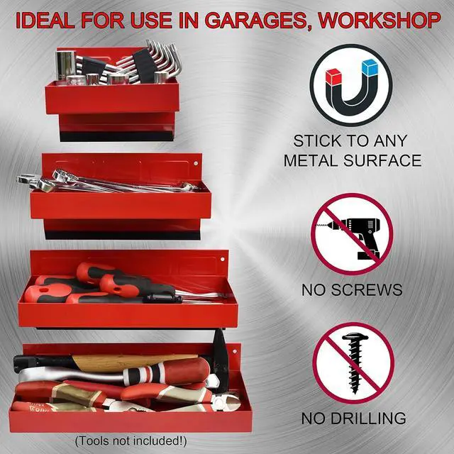 Alt view image 3 of 7 - Magnetic Shelf 4-Pcs Set - Red Tool Trays - Metal Tool Box With Strong Magnets - Storage for Toolbox - Tool Box Accessories for Van Workshop