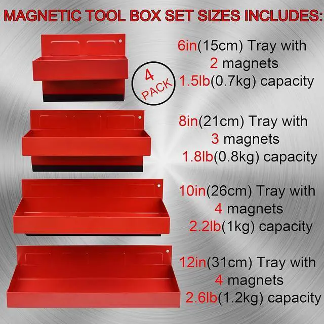 Alt view image 6 of 7 - Magnetic Shelf 4-Pcs Set - Red Tool Trays - Metal Tool Box With Strong Magnets - Storage for Toolbox - Tool Box Accessories for Van Workshop