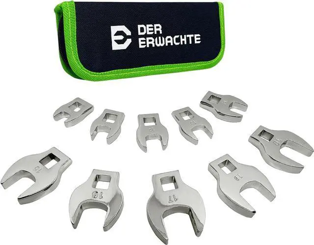 Main image of Der Erwachte 10-Piece 3/8" Drive Crowfoot Wrench Set, Open End Wrench Set, Metric, Size Covers 10-19mm, CR-V Steel, Tools for Mechanics, Access Fasteners in Tight Spaceswith Zipper Bag