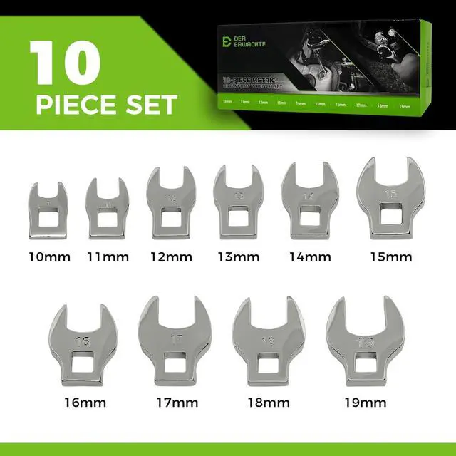Alt view image 2 of 7 - Der Erwachte 10-Piece 3/8" Drive Crowfoot Wrench Set, Open End Wrench Set, Metric, Size Covers 10-19mm, CR-V Steel, Tools for Mechanics, Access Fasteners in Tight Spaceswith Zipper Bag