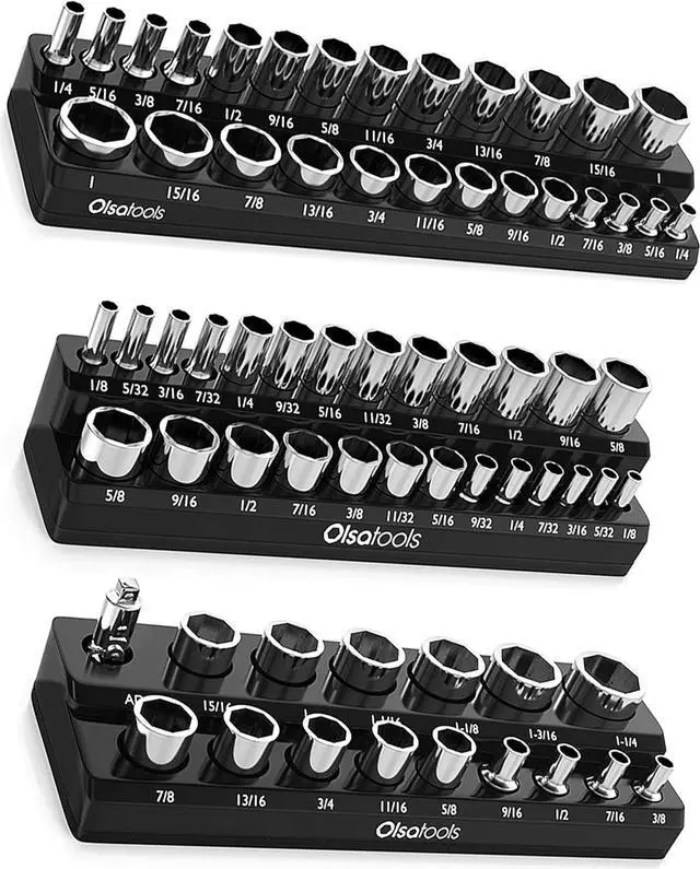 Main image of Olsa Tools Magnetic Socket Organizer | 3 Piece Socket Holder Kit | 1/2-inch, 3/8-inch, & 1/4-inch Drive | SAE Black | Holds 68 Sockets | Professional Quality Tools Organizer