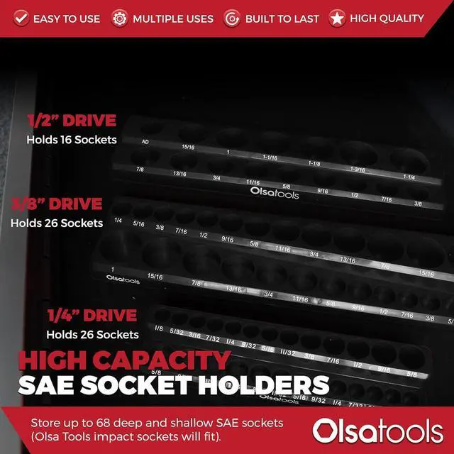 Alt view image 3 of 6 - Olsa Tools Magnetic Socket Organizer | 3 Piece Socket Holder Kit | 1/2-inch, 3/8-inch, & 1/4-inch Drive | SAE Black | Holds 68 Sockets | Professional Quality Tools Organizer