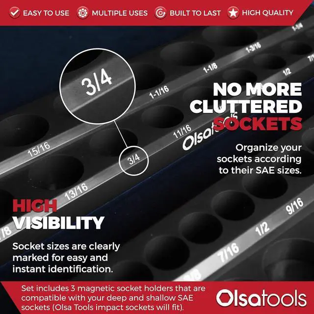 Alt view image 2 of 6 - Olsa Tools Magnetic Socket Organizer | 3 Piece Socket Holder Kit | 1/2-inch, 3/8-inch, & 1/4-inch Drive | SAE Black | Holds 68 Sockets | Professional Quality Tools Organizer