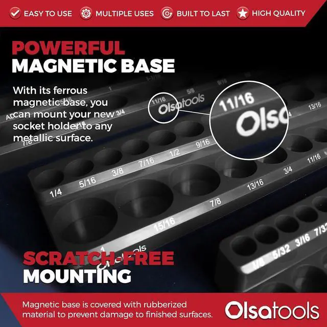 Alt view image 4 of 6 - Olsa Tools Magnetic Socket Organizer | 3 Piece Socket Holder Kit | 1/2-inch, 3/8-inch, & 1/4-inch Drive | SAE Black | Holds 68 Sockets | Professional Quality Tools Organizer