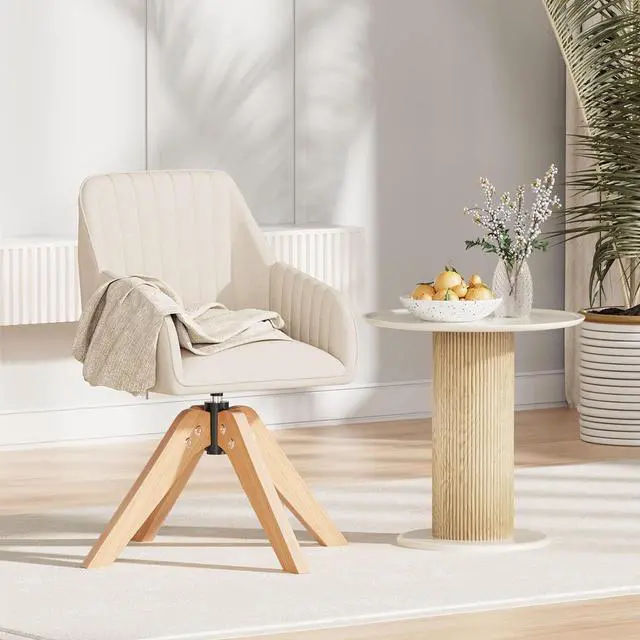 Main image of Furniliving Mid Century Modern Swivel Accent Chair for Living Room, Wood Desk Chair with Arms Mid Back Arm Chairs Upholstered Vanity Chair No Wheels for Home Office/Bedroom, Faux Linen Beige