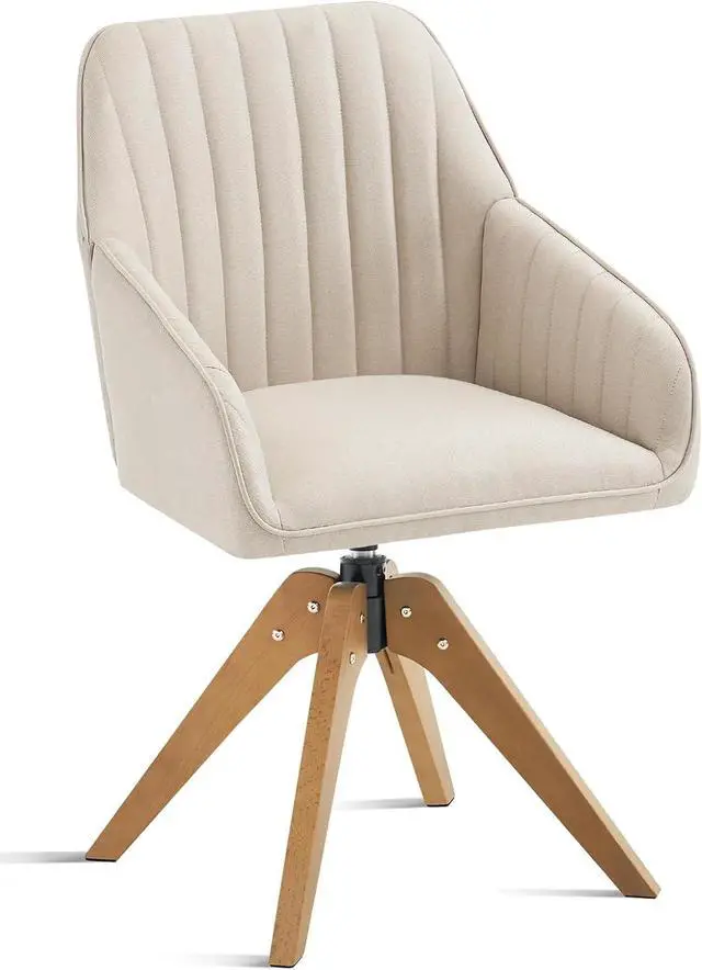 Alt view image 7 of 7 - Furniliving Mid Century Modern Swivel Accent Chair for Living Room, Wood Desk Chair with Arms Mid Back Arm Chairs Upholstered Vanity Chair No Wheels for Home Office/Bedroom, Faux Linen Beige
