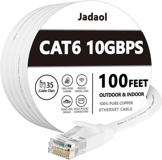 Main image of Cat 6 Ethernet Cable 100 ft, Outdoor&Indoor, 10Gbps Support Cat8 Cat7 Network, long Flat Internet LAN Patch Cord, Cat6 Solid Fast Speed weatherproof Cable for Router, Modem, PS4/5, Xbox, Gaming, White