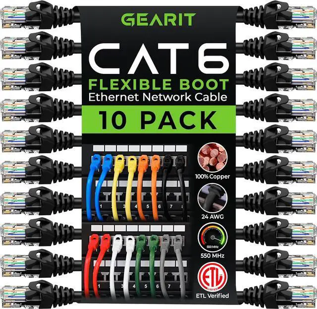 Main image of GearIT 10-Pack Cat6 Patch Cable 5 Feet Cat 6 Ethernet Cable Snagless Flexible Soft Tab - Preimum Series - Black