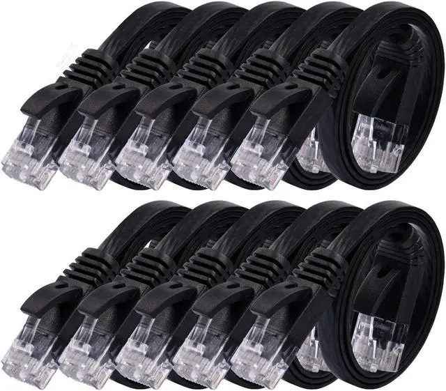 Main image of Cat 6 Ethernet Cable 1ft (10 Pack) (at a Cat5e Price but Higher Bandwidth) Flat Internet Network Cables - Cat6 Ethernet Patch Cable Short - Black Computer LAN Cable with Snagless RJ45 Connectors