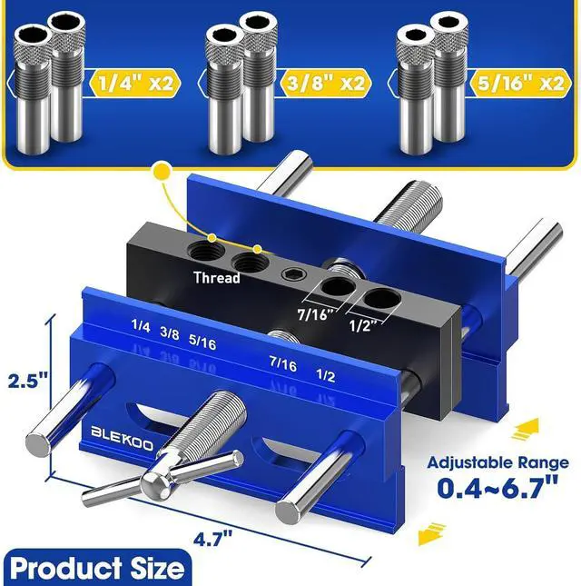 Alt view image 2 of 7 - Upgraded 6.7 inch Self Centering Doweling Jig Kit, Drill Jig For Straight Holes Biscuit Joiner Set With 6 Drill Guide Bushings, Adjustable Width Drilling Guide Power Tool Accessory Jigs (Blue)