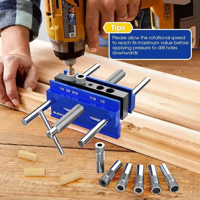 Alt view image 7 of 7 - Upgraded 6.7 inch Self Centering Doweling Jig Kit, Drill Jig For Straight Holes Biscuit Joiner Set With 6 Drill Guide Bushings, Adjustable Width Drilling Guide Power Tool Accessory Jigs (Blue)