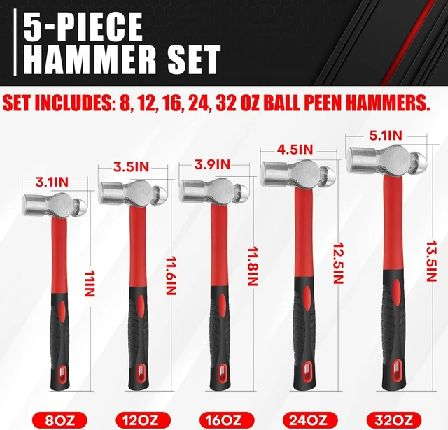 Alt view image 3 of 7 - 5-Piece Ball Peen Hammer Set, 8/12/16/24/32oz